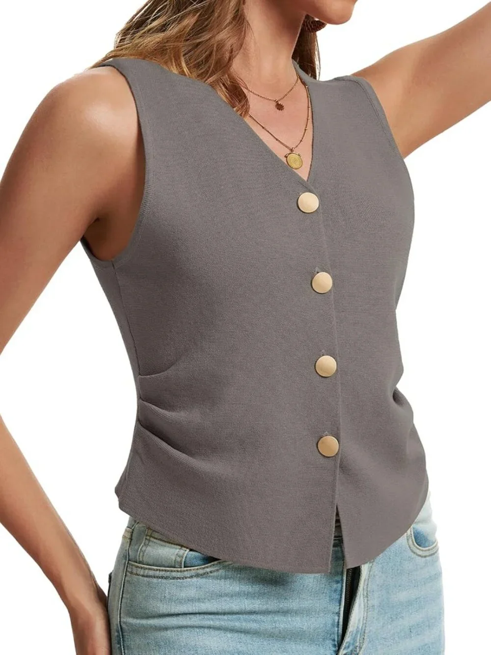 Women's Taupe Sleeveless Button Up Knit Imported Casual Sweater Vest Tank Tops